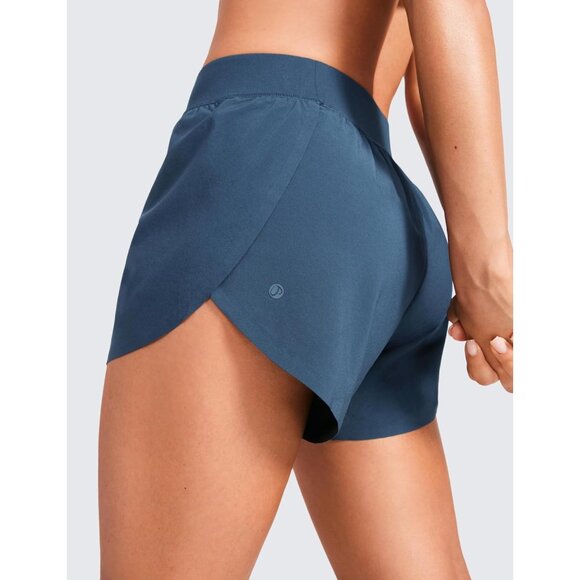 Women Blue Mid Waisted Dolphin Athletic Shorts Lightweight High Split Shorts - Picture 4 of 5